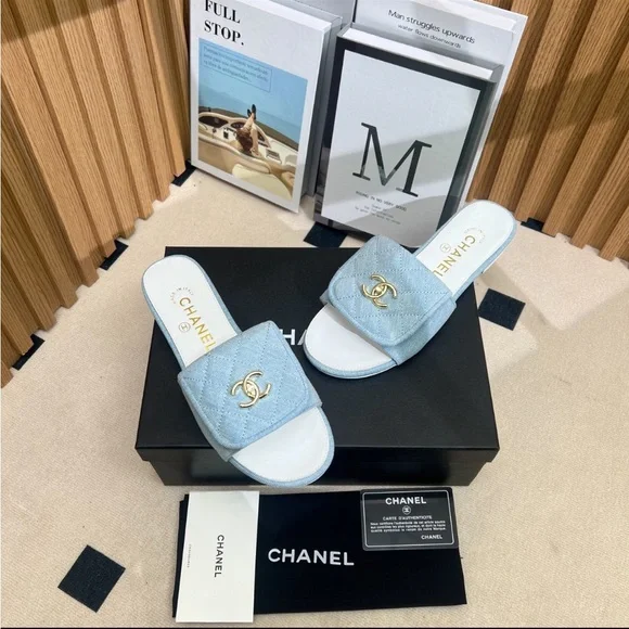 CHANEL Light Blue Slide Sandals - Picture 1 of 4
